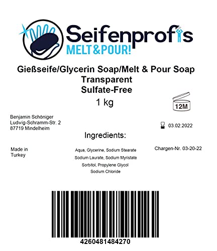 Seifenprofis© - Jabón de glicerina sin SLS/SLES (1 kg de jabón transparente).