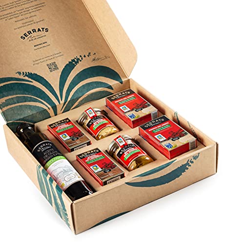 SERRATS - Caja Regalo Mundo ECO - 6 Conservas surtidas con lo mejor del mar y una Botella Aceite de Oliva Virgen Extra Ecológico