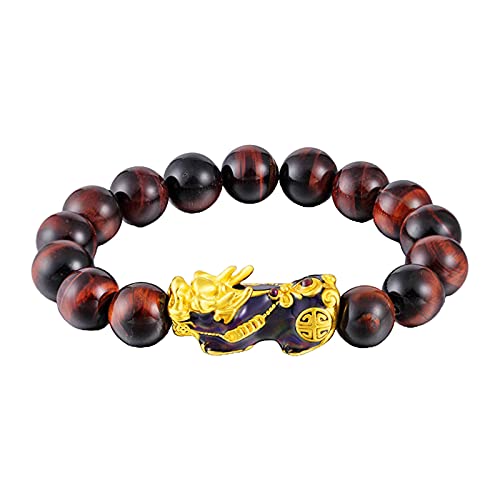 Sharplace Feng Shui Black Obsidian Pulsera de Riqueza, Feng Shui Pulsera para Hombres / Mujeres con Carácter Pixiu para La Protección Puede Traer Suerte Y Prosp - Rojo marrón