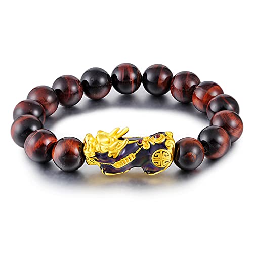 Sharplace Feng Shui Black Obsidian Pulsera de Riqueza, Feng Shui Pulsera para Hombres / Mujeres con Carácter Pixiu para La Protección Puede Traer Suerte Y Prosp - Rojo marrón