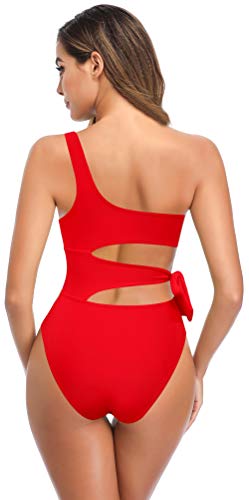 SHEKINI Mujer Chic Asimétrico Traje de baño de Una Pieza Elegante Halter Bañador Control Abdominal Slim Bikini de Una Pieza Ropa de Playa (Rojo, M)