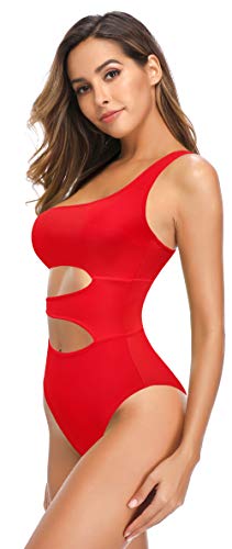 SHEKINI Mujer Chic Asimétrico Traje de baño de Una Pieza Elegante Halter Bañador Control Abdominal Slim Bikini de Una Pieza Ropa de Playa (Rojo, M)