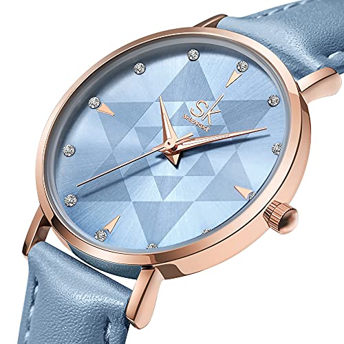 SHENGKE Estrella Reloj de Pulsera para Mujer, Correa de Malla, Elegante, para Mujer, Estilo Simplicidad,Flores(Starry-Genuine Leather-Blue)