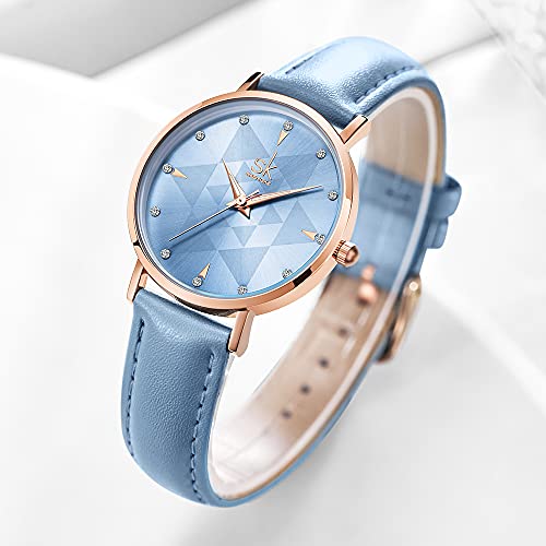 SHENGKE Estrella Reloj de Pulsera para Mujer, Correa de Malla, Elegante, para Mujer, Estilo Simplicidad,Flores(Starry-Genuine Leather-Blue)