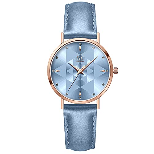 SHENGKE Estrella Reloj de Pulsera para Mujer, Correa de Malla, Elegante, para Mujer, Estilo Simplicidad,Flores(Starry-Genuine Leather-Blue)