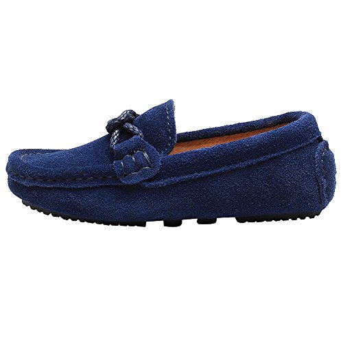 Shenn Chicos Niños Plano Tacón Comodidad Ante Cuero Ponerse Mocasines Zapatos 8221K(Azul Marino,32.5 EU)