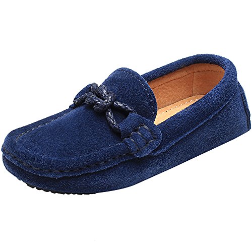 Shenn Chicos Niños Plano Tacón Comodidad Ante Cuero Ponerse Mocasines Zapatos 8221K(Azul Marino,32.5 EU)