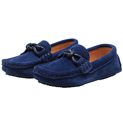 Shenn Chicos Niños Plano Tacón Comodidad Ante Cuero Ponerse Mocasines Zapatos 8221K(Azul Marino,32.5 EU)