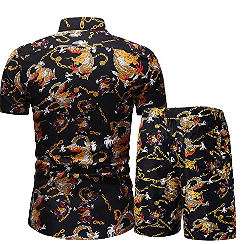 Shirts Shorts Hombres Transpirable Slim Fit Estampado Personalidad Hombres Conjunto Botones Vintage Tapeta con Cordones Hombres Manga Corta Sport Kent Collar Hombres Conjunto Playa C-C017 XXL