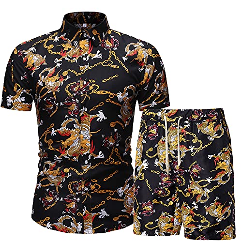 Shirts Shorts Hombres Transpirable Slim Fit Estampado Personalidad Hombres Conjunto Botones Vintage Tapeta con Cordones Hombres Manga Corta Sport Kent Collar Hombres Conjunto Playa C-C017 XXL