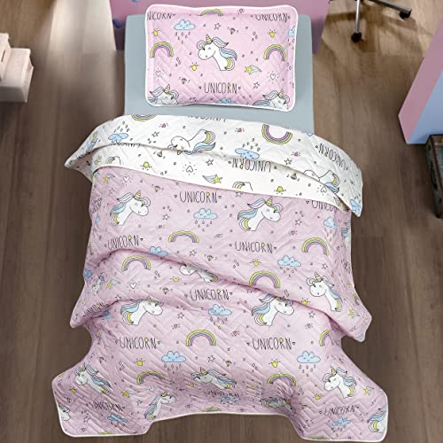 Sibiles - Colcha Bouti Niñas Estampado Unicornio 100% Algodón Turco Ranforce Cama 90 y 105 (180x240 cm)