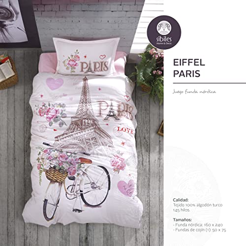 Sibiles - Funda Nórdica Infantil Juvenil Algodón Turco Eiffel Paris (160x220 cm - Cama 90/105)