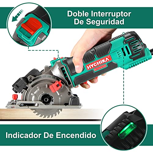 Sierra Circular, HYCHIKA Mini Sierra Circular de Mano 500W 4500RPM, 3 Hojas de Sierra de 30T + 36T+Diamente, Ideal para Cortar Azulejo, Madera, Metal Blando, Plástico