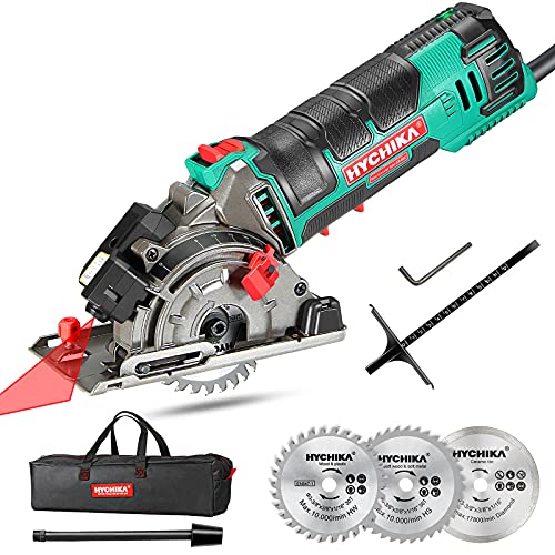 Sierra Circular, HYCHIKA Mini Sierra Circular de Mano 500W 4500RPM, 3 Hojas de Sierra de 30T + 36T+Diamente, Ideal para Cortar Azulejo, Madera, Metal Blando, Plástico