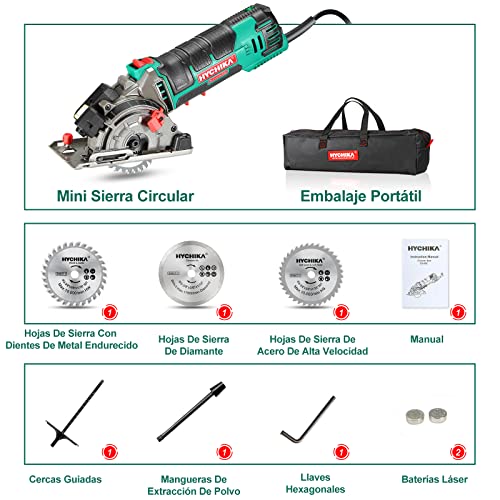 Sierra Circular, HYCHIKA Mini Sierra Circular de Mano 500W 4500RPM, 3 Hojas de Sierra de 30T + 36T+Diamente, Ideal para Cortar Azulejo, Madera, Metal Blando, Plástico