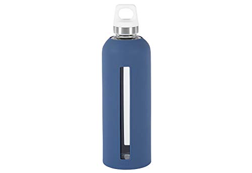 Sigg Star Midnight, Botella de Agua de Vidrio con Funda de Silicona, 0.85 L, Resistente al Calor, sin BPA, Azul Oscuro