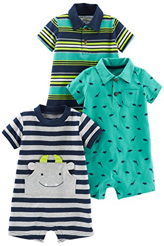 Simple Joys by Carter's Baby Boys paquete de 3 peleles. ,Blue Stripe/Turquoise Dino/Gray Navy ,18 Months
