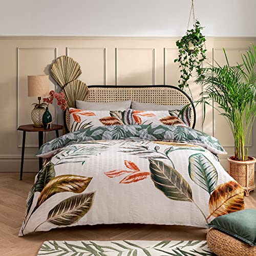 Sleepdown Seersucker - Juego de Funda de edredón y Fundas de Almohada, diseño de Hojas Tropicales, Color Crema y Verde, Suave, fácil de cuidar, Doble (200 x 200 cm)