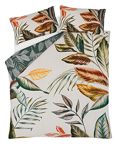 Sleepdown Seersucker - Juego de Funda de edredón y Fundas de Almohada, diseño de Hojas Tropicales, Color Crema y Verde, Suave, fácil de cuidar, Doble (200 x 200 cm)