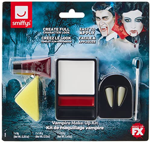 Smiffy'S 37808 Set De Maquillaje De Vampiro Con Colmillos, Esponja, Pintura Para La Cara Y Sangre En Un Tubo, Blanco / Rojo