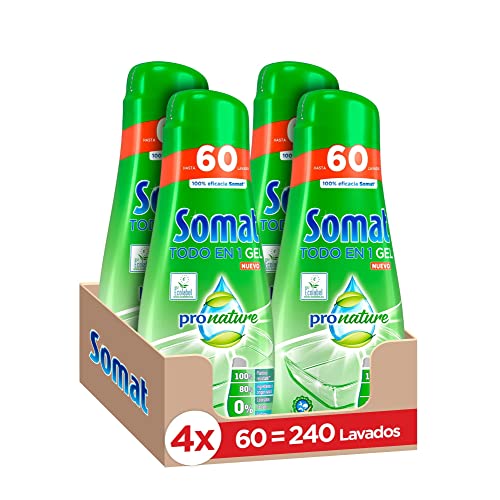 Somat Todo en 1 Gel Pronature Detergente Lavavajillas 60 Dosis (pack de 4, total: 240 lavados), jabón lavavajillas con gran poder de limpieza para ciclos cortos, vajilla brillante