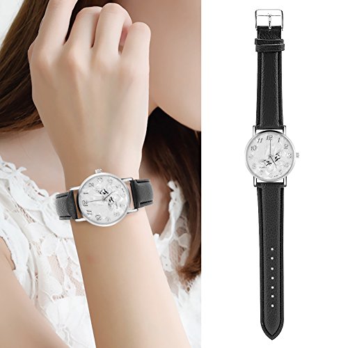 Sonew Reloj de Cuarzo de Las Mujeres Reloj de Pulsera analógico Femenino Redondo Correa de Cuero de la PU Reloj de diseño de Mariposa Simple de la Manera(Black)