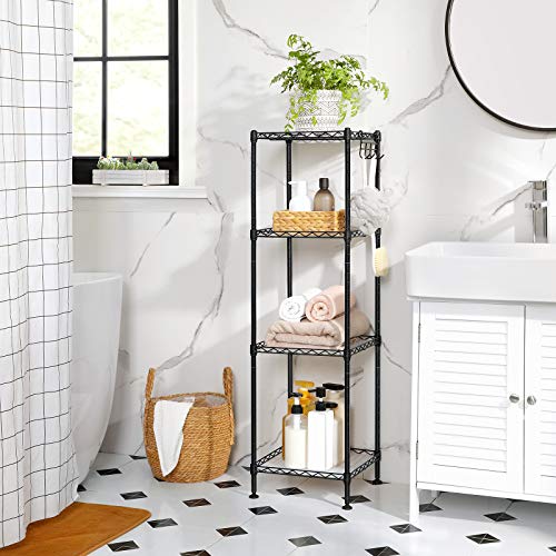 SONGMICS Estantería de Baño, Estantería de Metal de 4 Niveles, Carga de 80 kg, con 4 Hojas de PP, Ganchos Desmontables, 30 x 30 x 102 cm, Diseño Expandible, para Espacios Pequeños, Negro LGR104B01