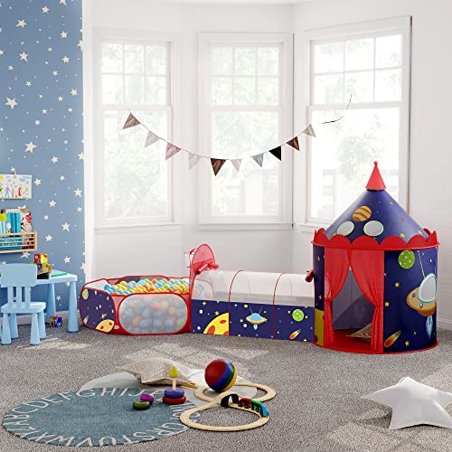 SONGMICS Tienda de Niños Pop-up 3 en 1, Carpa de Niños, Tienda de Infantil con Ventana de Malla y Cesta, Tema Aeroespacial, Uso interior o exterior, Idea de Regalo, y Cumpleaños, Azul y Rojo LPT703Q01