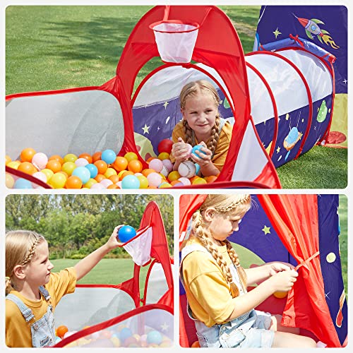 SONGMICS Tienda de Niños Pop-up 3 en 1, Carpa de Niños, Tienda de Infantil con Ventana de Malla y Cesta, Tema Aeroespacial, Uso interior o exterior, Idea de Regalo, y Cumpleaños, Azul y Rojo LPT703Q01