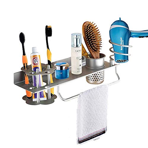 Soporte de pared para secador de pelo, toalla, cepillo de dientes y pasta de dientes, perfume, organizador de almacenamiento, estante para colgar, organizador de baño con soporte para toallas