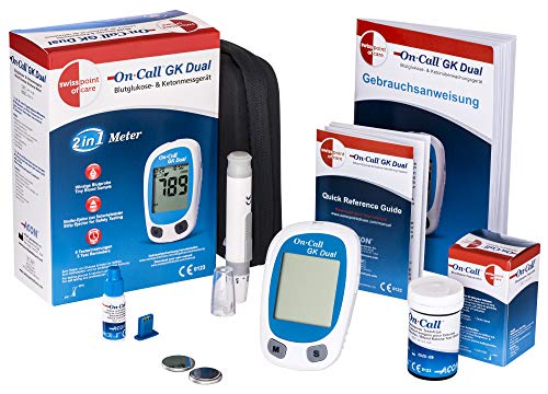 Swiss Point Of Care GK Dual glucosa y cetonas Starter pack | 1x dispositivo de medición (MMOL/L), 25x tiras reactivas de cetonas y otros accesorios