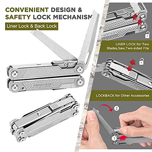 Swiss+Tech Alicate Multiuso 17 en 1, Navaja Multiusos, de Acero Inoxidable, Multiherramienta,Alicates Plegables, Multifunción con Alicates, Navaja, Sierra para Acampada, Caza, Senderismo,etc