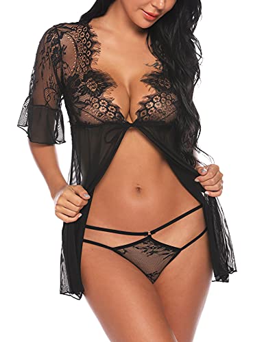 Sykooria Encaje Lencería Conjunto Mujer Babydoll Lencería Sexy para Mujer Ropa de Dormir Camisón Suave Frente Abierto Camisón Mini Vestido con Cuello Halter