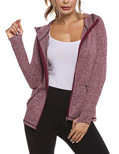 Sykooria Sudadera con Capucha Mujer Otoño Invierno Chaqueta Cálida Mujer Deportes Chaqueta Transpirable de Manga Larga con Cremallera para Correr Fitness-Vino Tinto-M