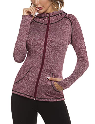 Sykooria Sudadera con Capucha Mujer Otoño Invierno Chaqueta Cálida Mujer Deportes Chaqueta Transpirable de Manga Larga con Cremallera para Correr Fitness-Vino Tinto-M