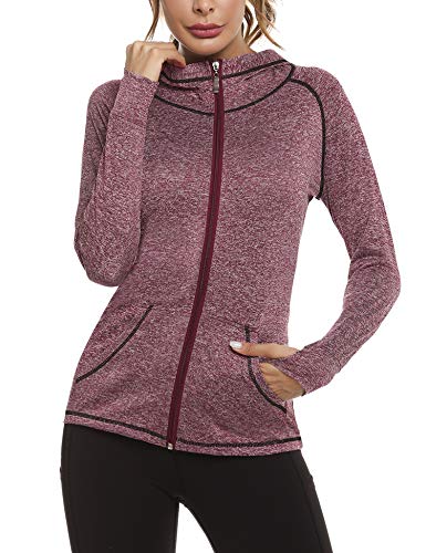 Sykooria Sudadera con Capucha Mujer Otoño Invierno Chaqueta Cálida Mujer Deportes Chaqueta Transpirable de Manga Larga con Cremallera para Correr Fitness-Vino Tinto-M