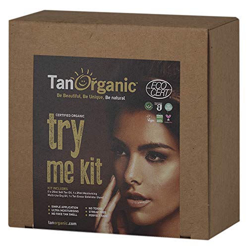 TanOrganic: Kit Try Me - Aceite Autobronceador, Aceite Seco Multiusos y Guante de Bronceado, Tamaños de muestra, Todo Natural, Ingredientes Orgánicos Certificados. Kit de muestras de bronceado