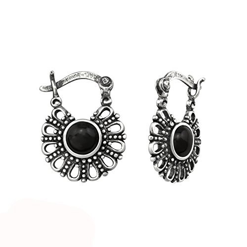 Tata Gisele© - Pendientes de aro de Bali de plata 925/000 envejecido y auténtico ónix – 14 x 12 mm