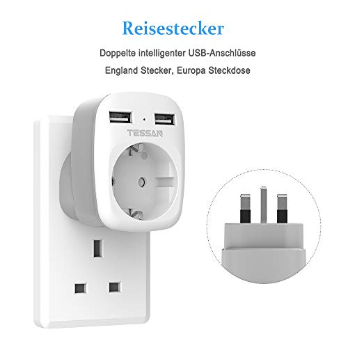 TESSAN 3 Paquetes Adaptador Enchufe Ingles UK Inglaterra Adaptador de Viaje con 2 USB (2.4A), Español 2 Patas Europa hacia 3 Patas Reino Unido RU para Irlanda Escocia Britanico （Tipo G） Blanco