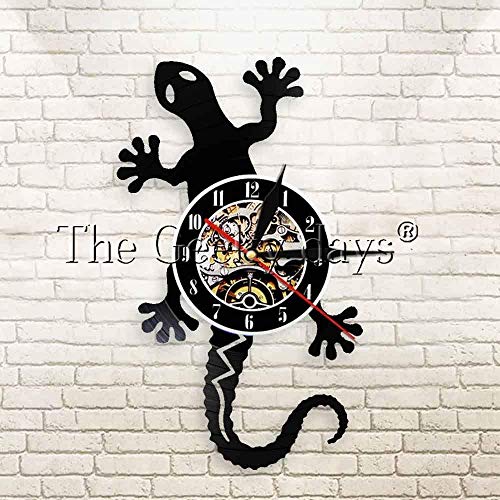 TIANZly Antique Nature Art Zoology Lizard Reloj de Pared Safari Gecko Vinyl Record Clock Silhouette Animal Icon Vintage Clock