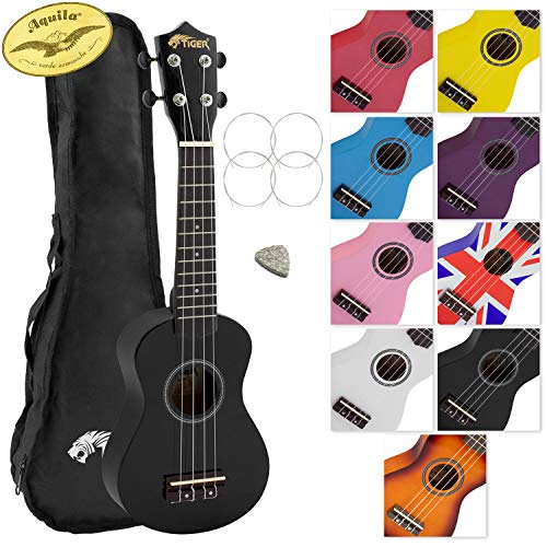 Tiger UKE7 Ukelele soprano para principiantes, incluye funda, púa de fieltro, juego de cuerdas de repuesto , ahora equipado con cuerdas Aquila, Negro