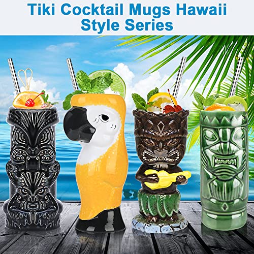 Tiki - Juego de 4 vasos para cócteles y tazas de cerámica tropicales hawaianas Tiki fiesta creativa para cócteles de cristal, gran barra, de primera calidad, tropical, lindo, 4 paquetes de regalo