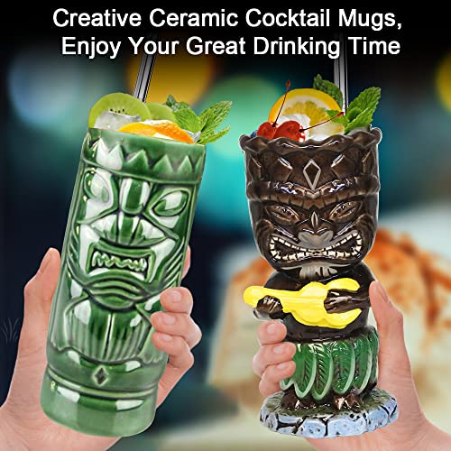 Tiki - Juego de 4 vasos para cócteles y tazas de cerámica tropicales hawaianas Tiki fiesta creativa para cócteles de cristal, gran barra, de primera calidad, tropical, lindo, 4 paquetes de regalo