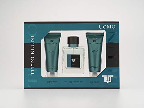 TITTO BLUNI - Uomo, Estuche Regalo de Hombre, Pack de 3 (Perfume 75 ml + Gel de Baño 75 ml + After Shave Bálsamo Hombre 75 ml)