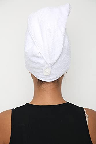 Toallas de secado de pelo, toalla de rizo 100% puro de algodón suave para el cabello, toalla turbante absorbente para el pelo, toalla de spa con lazo y botón para pelo largo (blanco)