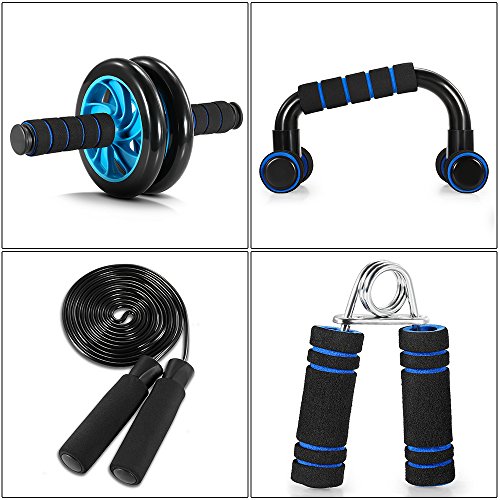 TOMSHOO 5 in 1 - Kit de Rueda Abdominal, Push Up Bars, Cuerda para Saltar, Fortalecedor de Mano, Rodilla Mat para Entrenamiento en Casa Ejercicios Fitness (Negro y Azul)