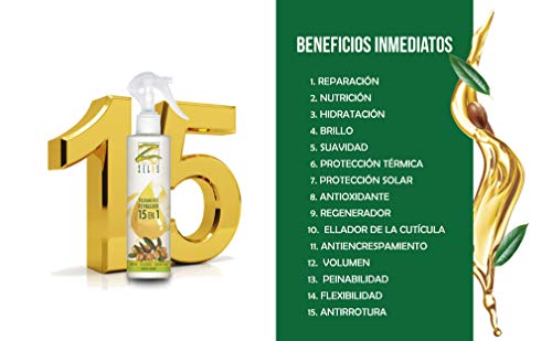 Tratamiento Reparador Spray Para Cabello 15 Beneficios en 1-250 ml - Con Colágeno, Aceite de Argán y Queratina - Reparación, Nutrición, Hidratación, Protector Térmico y Solar, Brillo - Zelos