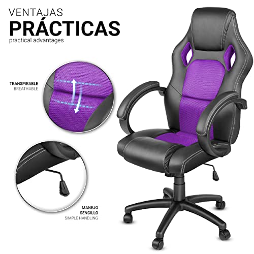 TRESKO Silla giratoria de oficina Sillón de escritorio Racing disponible en 14 colores, bicolor, silla Gaming ergonómica, cilindro neumático certificado por SGS (Negro/Púrpura)