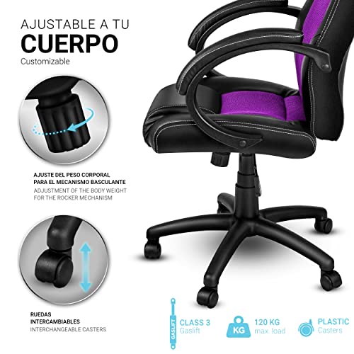 TRESKO Silla giratoria de oficina Sillón de escritorio Racing disponible en 14 colores, bicolor, silla Gaming ergonómica, cilindro neumático certificado por SGS (Negro/Púrpura)