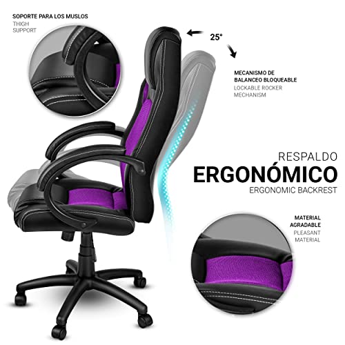 TRESKO Silla giratoria de oficina Sillón de escritorio Racing disponible en 14 colores, bicolor, silla Gaming ergonómica, cilindro neumático certificado por SGS (Negro/Púrpura)